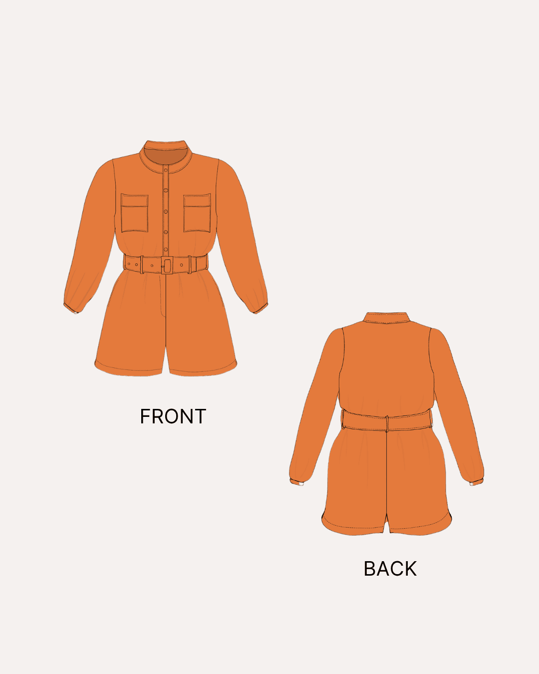 Jade playsuit sewing pattern front and back views