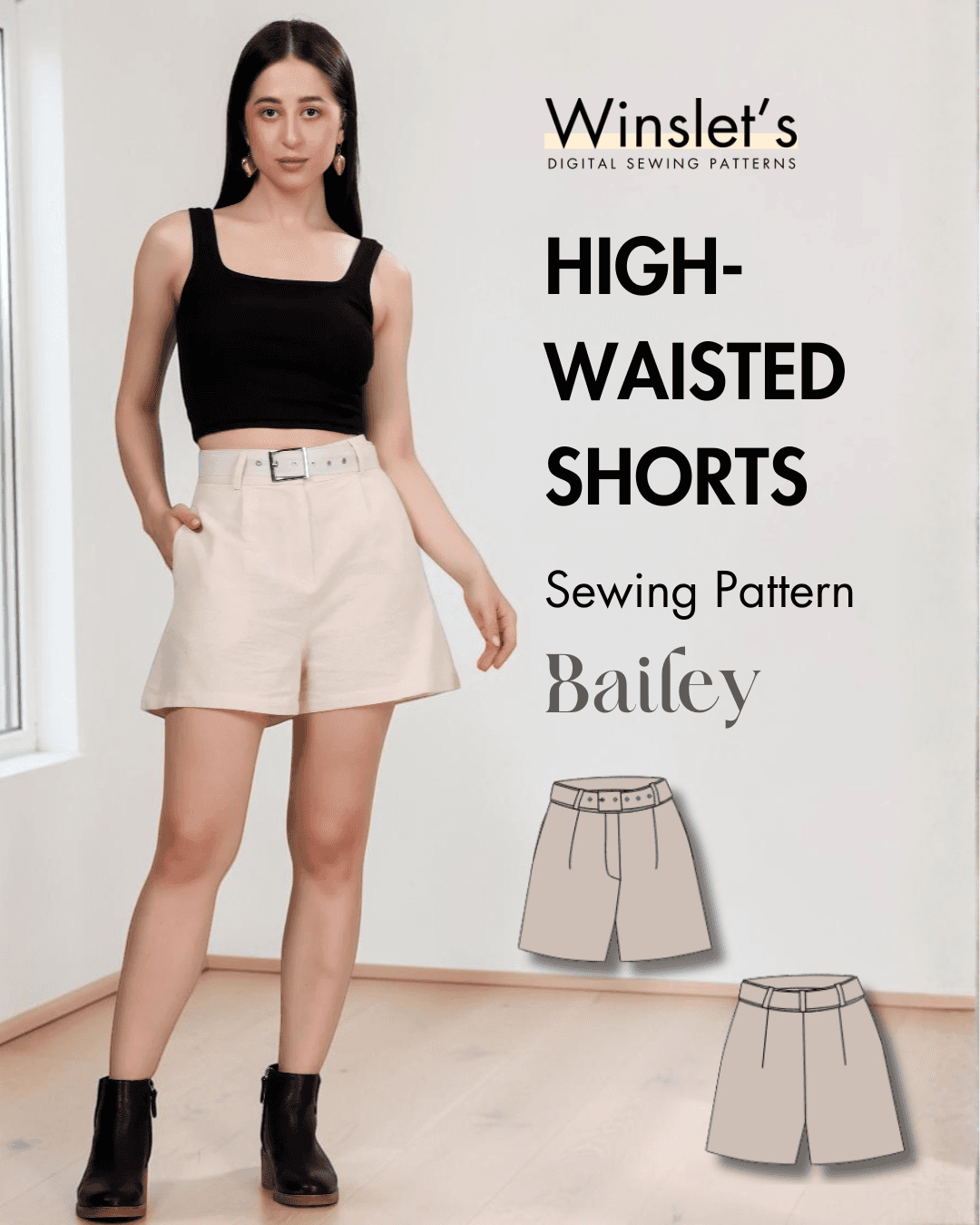 High waisted shorts sewing pattern 'Bailey' with front pleats and wide leg hem