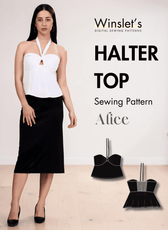 White halter top sewing pattern with keyhole detail and flared hem, shown on a model