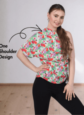 Close-up of floral one shoulder kimono top with asymmetric neckline, side tie detail, and pattern design