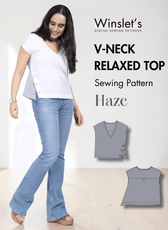 White V-neck relaxed top with side slit and contrasting back panel, sewing pattern illustration