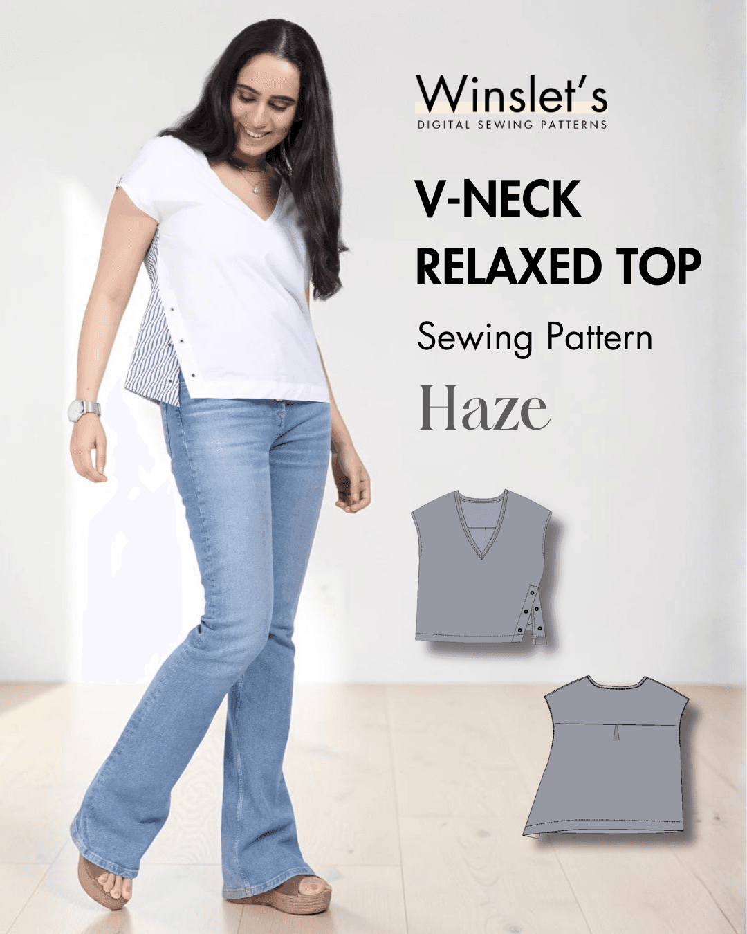 White V-neck relaxed top with side slit and contrasting back panel, sewing pattern illustration