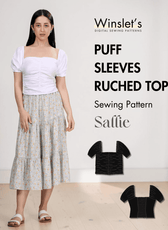 White ruched puff sleeve top with square neckline and floral midi skirt