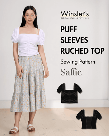 White ruched puff sleeve top with square neckline and floral midi skirt