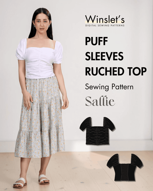 White ruched puff sleeve top with square neckline and floral midi skirt