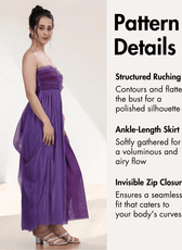 Purple strapless gown with structured ruching and ankle-length skirt pattern details