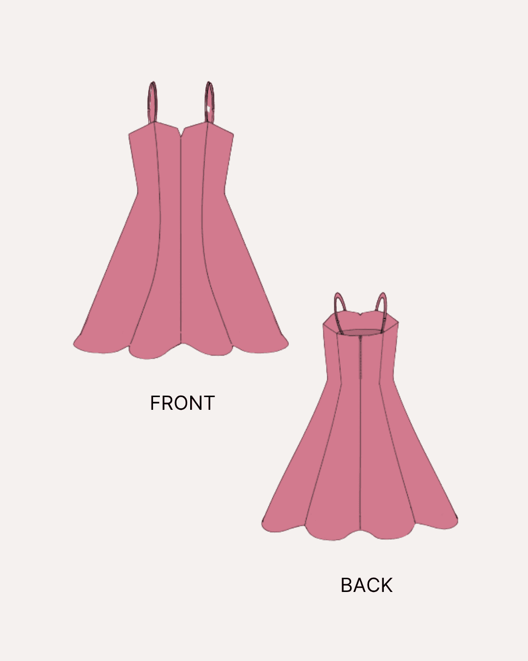Digital sewing pattern for Barbiecore summer dress 'Violet' with front and back views illustrations