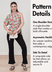 Pattern details for one shoulder kimono top with asymmetric neckline, side tie, bold silhouette, women's sewing pattern