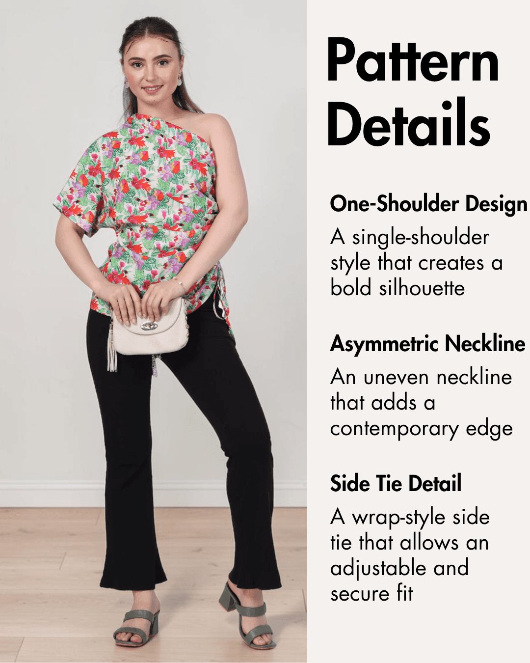 Pattern details for one shoulder kimono top with asymmetric neckline, side tie, bold silhouette, women's sewing pattern