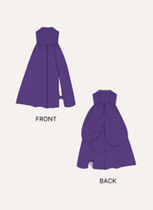 Illustration of front and back views of purple strapless evening gown pattern