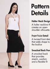 Pattern details for halter neck design, front twist detail, and smocked back panel on a model