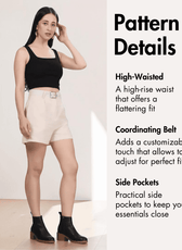 Pattern details for high-waisted shorts with a flattering fit and adjustable belt