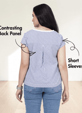 Back view of V-neck relaxed top with contrasting back panel and short sleeves, sewing pattern illustration