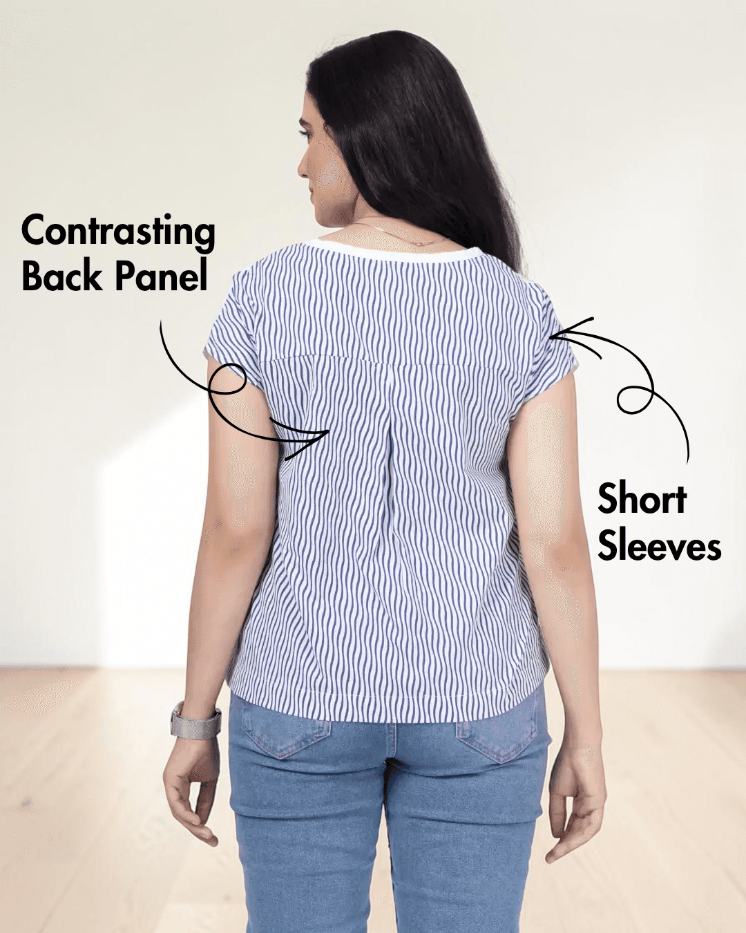 Back view of V-neck relaxed top with contrasting back panel and short sleeves, sewing pattern illustration