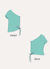 Illustration of front and back views of women's one shoulder kimono top sewing pattern 'Gleam' with side tie detail