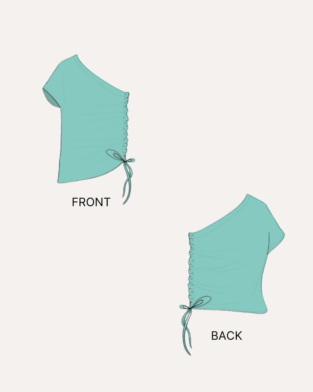 Illustration of front and back views of women's one shoulder kimono top sewing pattern 'Gleam' with side tie detail