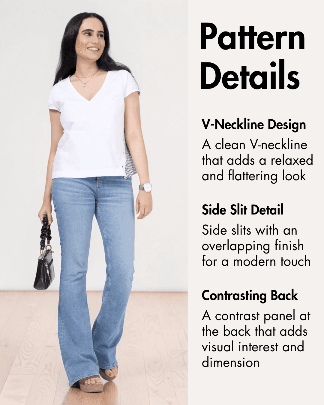 Pattern details for V-neck relaxed top with V-neckline, side slit, contrasting back panel, sewing pattern info