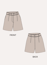 Illustration of beige high waisted shorts with front and back views, sewing pattern design
