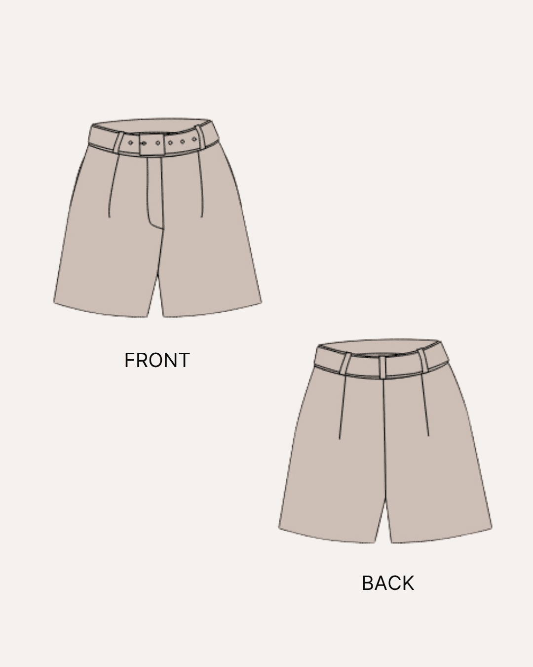 Illustration of beige high waisted shorts with front and back views, sewing pattern design