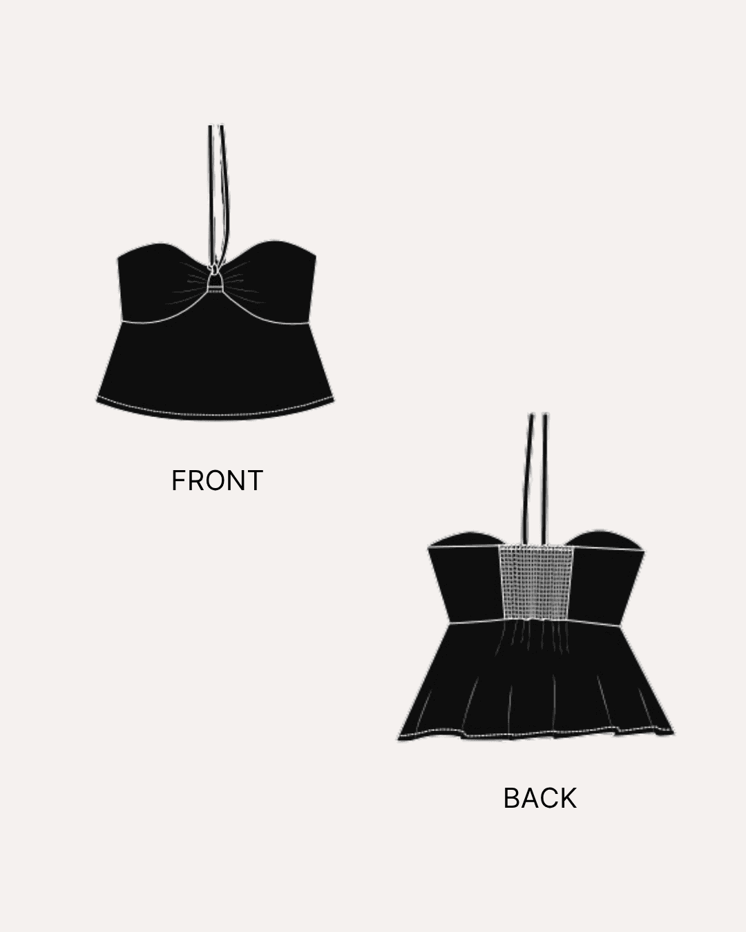 Illustration of front and back design of halter top 'Alice' sewing pattern