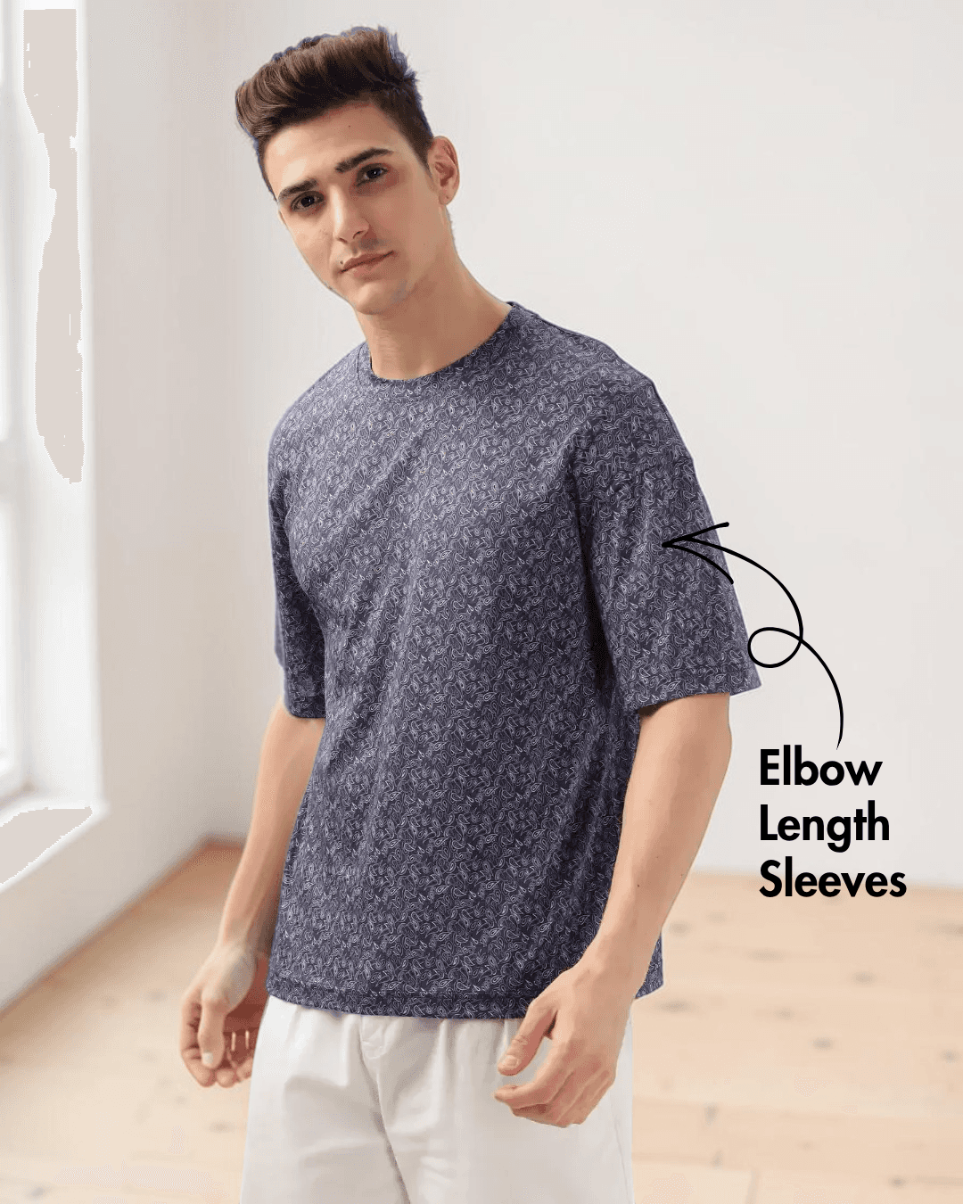 Side View of men's T-shirt sewing pattern details with crew neckline and drop shoulders