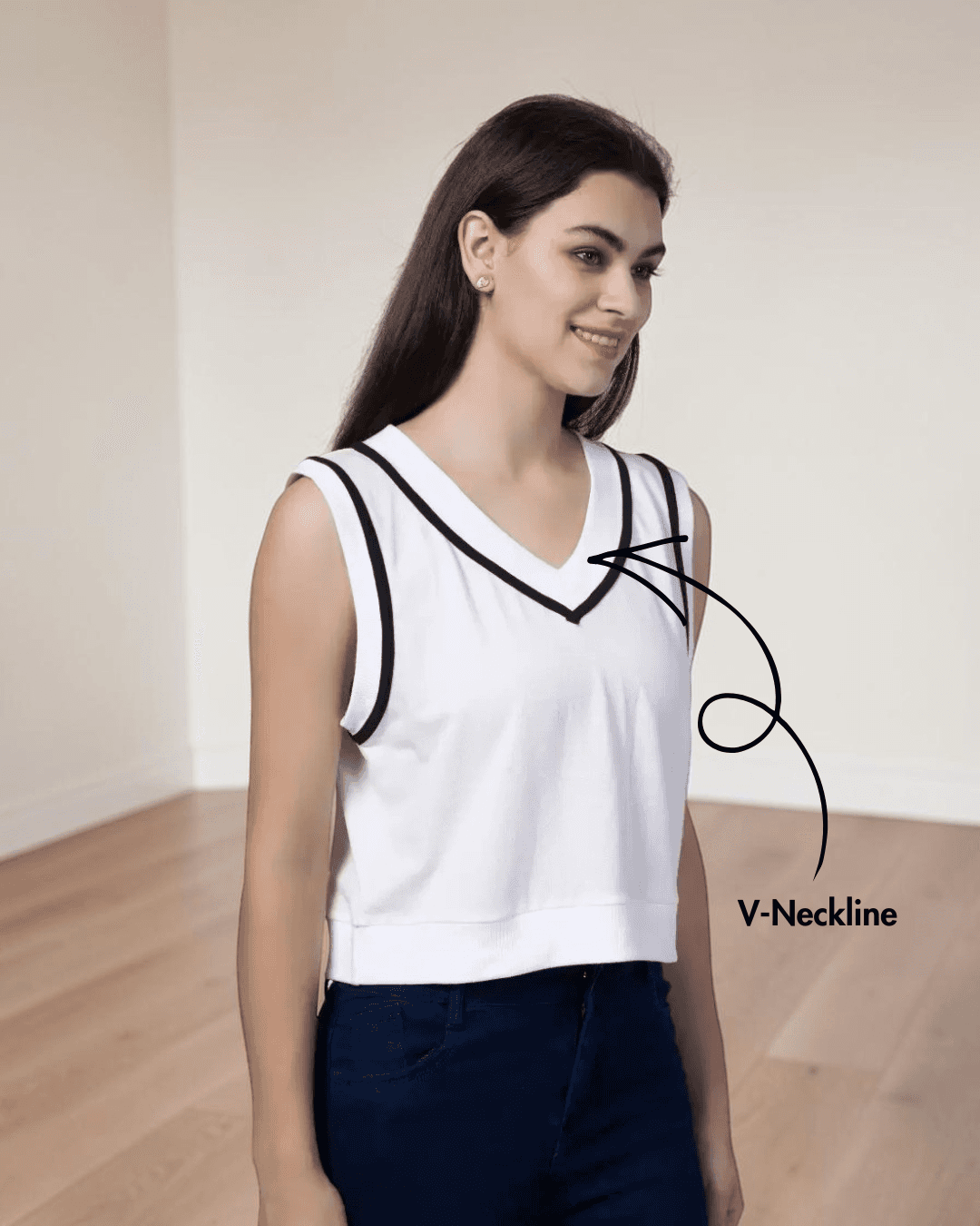 Side View of Sleeveless sweater vest with V-neck and ribbed armholes