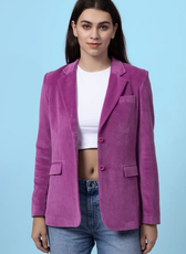 Close-up of the Monroe blazer sewing pattern, showcasing its structured design with a single-breasted front and welt chest pocket. Ideal for medium to heavy-weight fabrics.