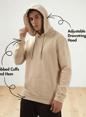 front view of beige hoodie sewing pattern with adjustable drawstring hood