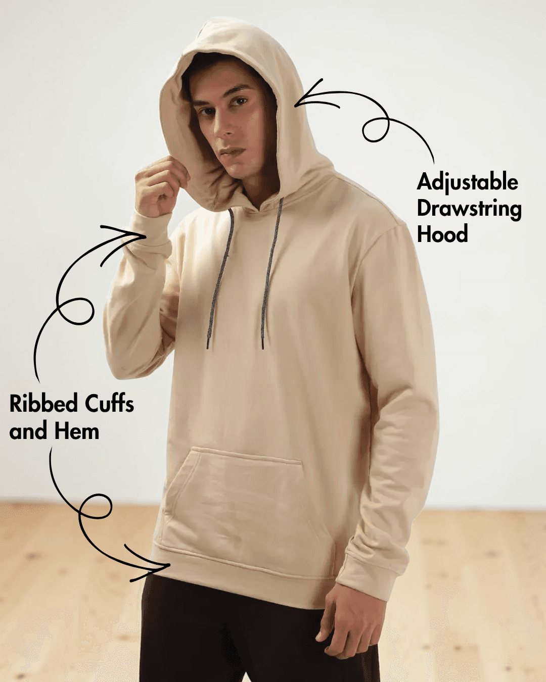 front view of beige hoodie sewing pattern with adjustable drawstring hood