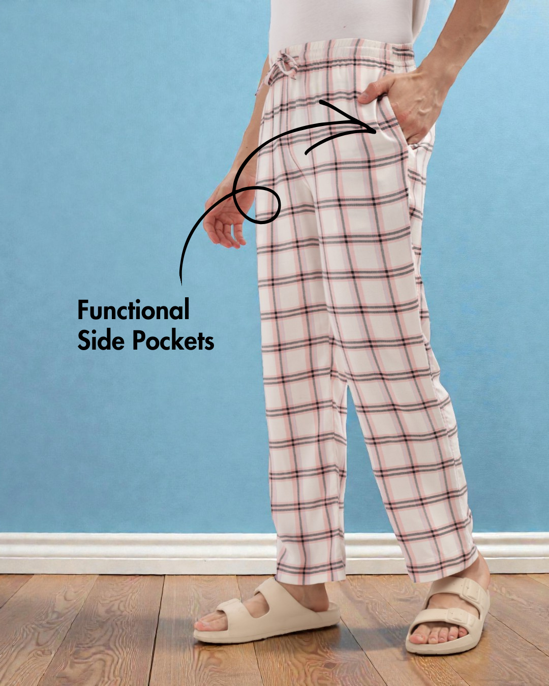 Side view of Men's Lounge Pajama Pants Sewing Pattern 'Dan' highlighting functional side pockets for added convenience in handmade loungewear.