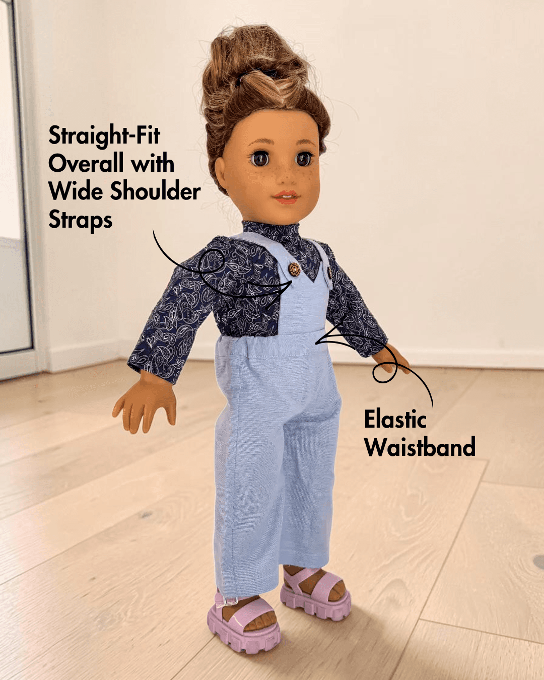 Dolls Brooke sewing pattern with long sleeves, elastic waistband, and velcro fastening