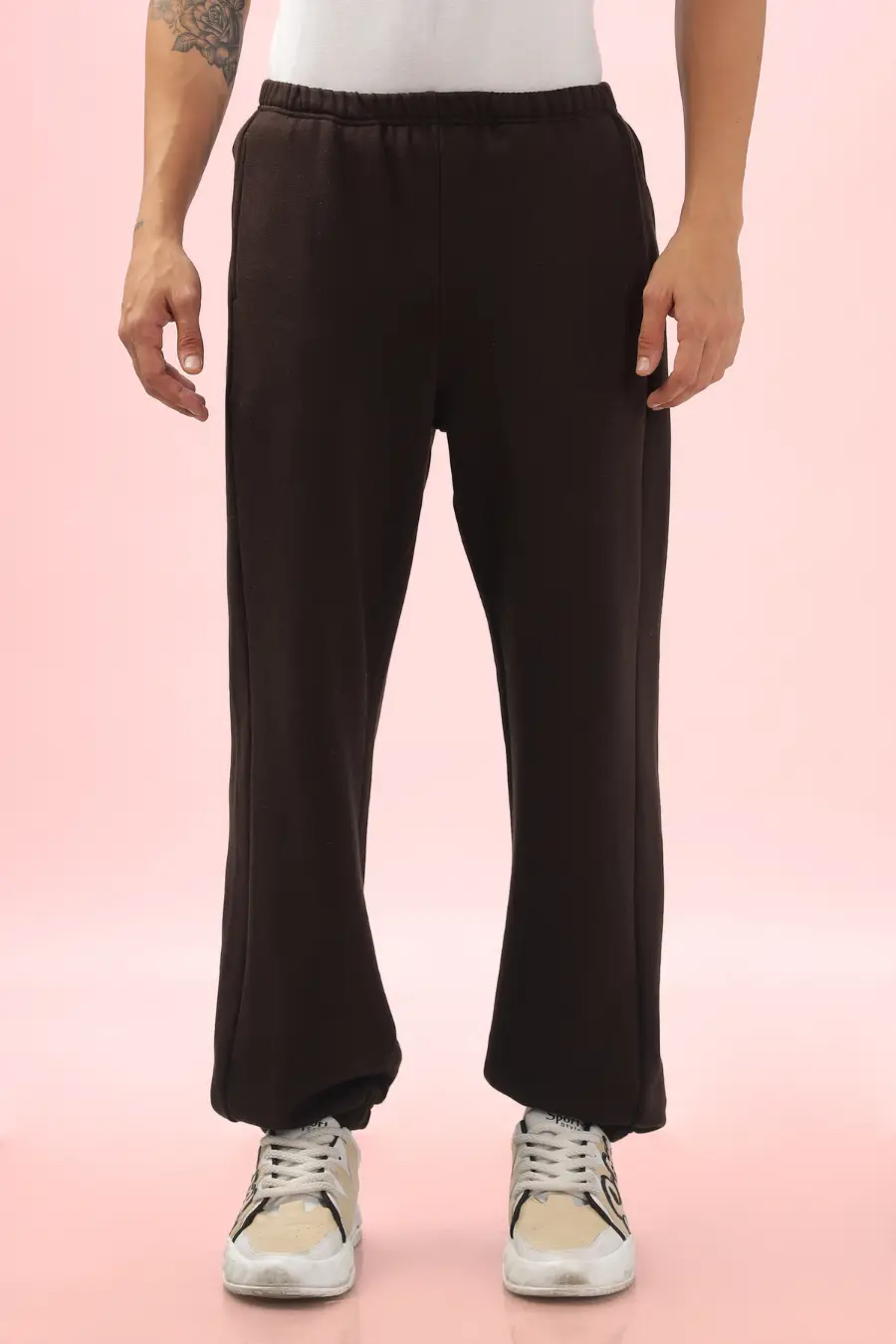 Front view of men's joggers made using the 'Louis' sewing pattern. Features a full elastic waistband and a relaxed straight-leg fit.