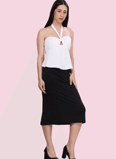 Model wearing the 'Alice' halter top, a chic and modern sewing pattern with a flattering fit. Ideal for DIY fashion enthusiasts.