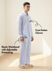 Men's striped pajama top with front button closure, side view