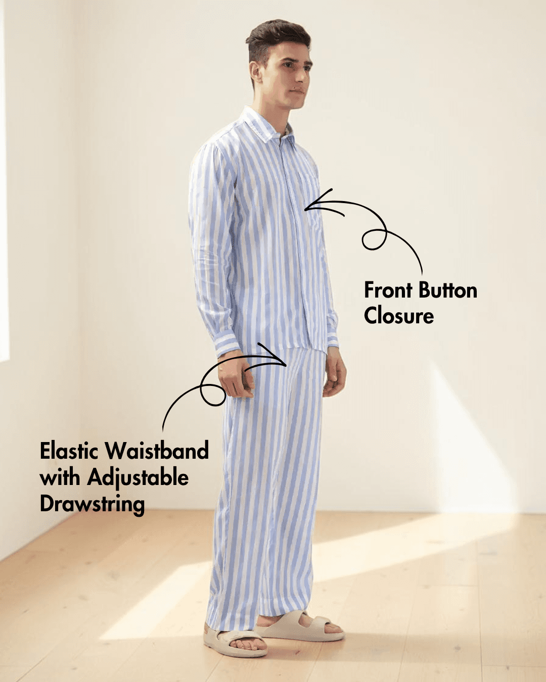 Men's striped pajama top with front button closure, side view