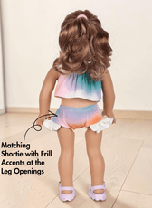 Doll swimwear set sewing pattern with two-piece swimsuit and frill options, back view