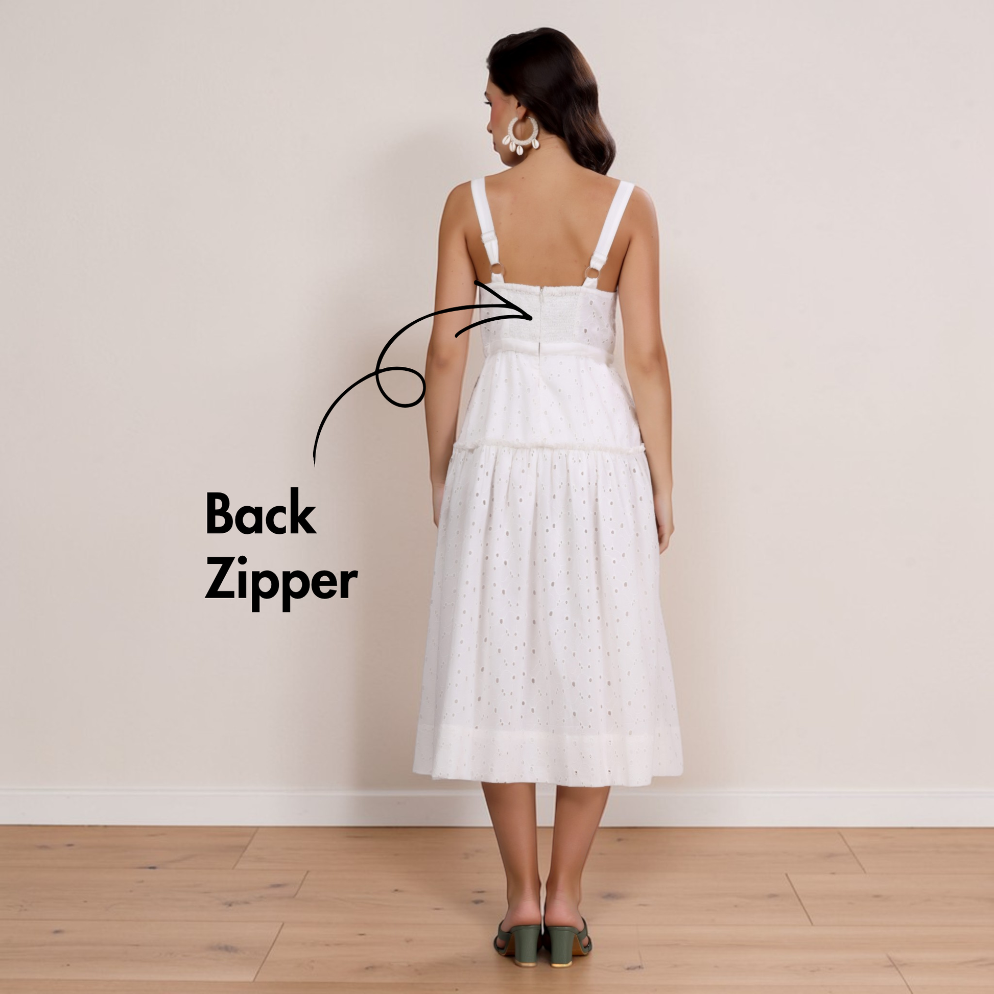 Back zipper on white sundress midi women's sewing pattern 'Fiona'