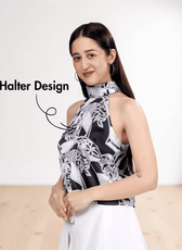 Close-up of halter top pattern details with high neckline and backless style