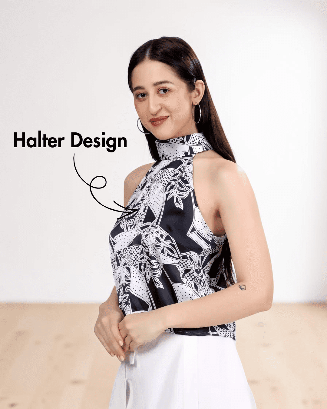 Close-up of halter top pattern details with high neckline and backless style
