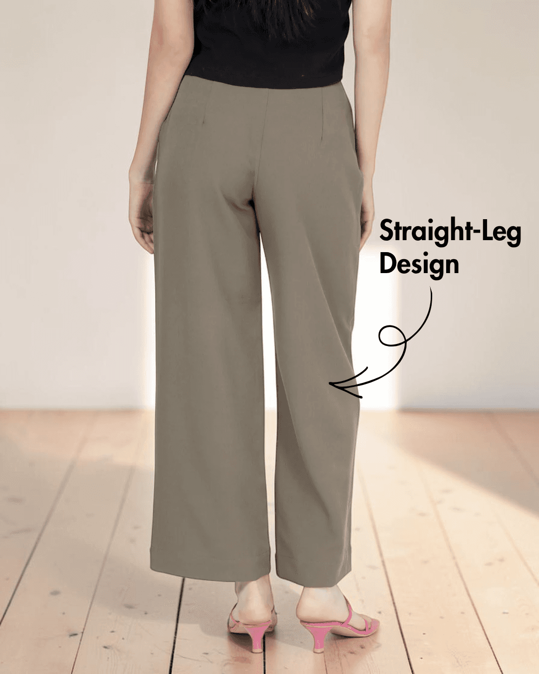 Back view of women in beige wide-leg trousers with straight-leg design, pink heels, and black top