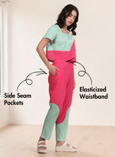 Right Side view of women's color block coord set with elasticized waist and side seam pockets