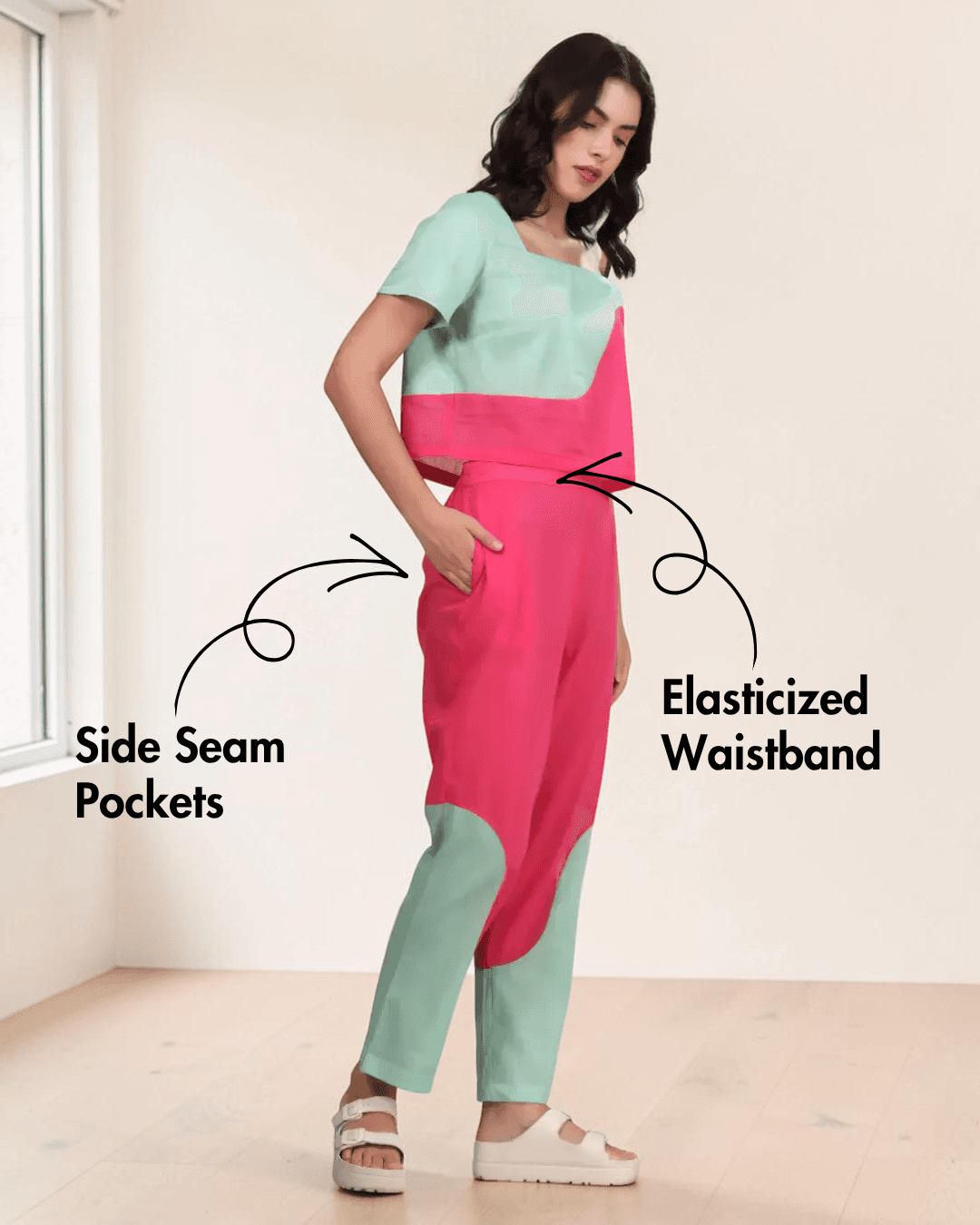 Right Side view of women's color block coord set with elasticized waist and side seam pockets