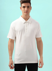 Classic white men's polo shirt made using the 'John' sewing pattern. Features a structured collar and short sleeves, ideal for casual and semi-formal wear.