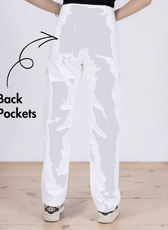 White cargo pants sewing pattern with back pockets and straight-leg cut
