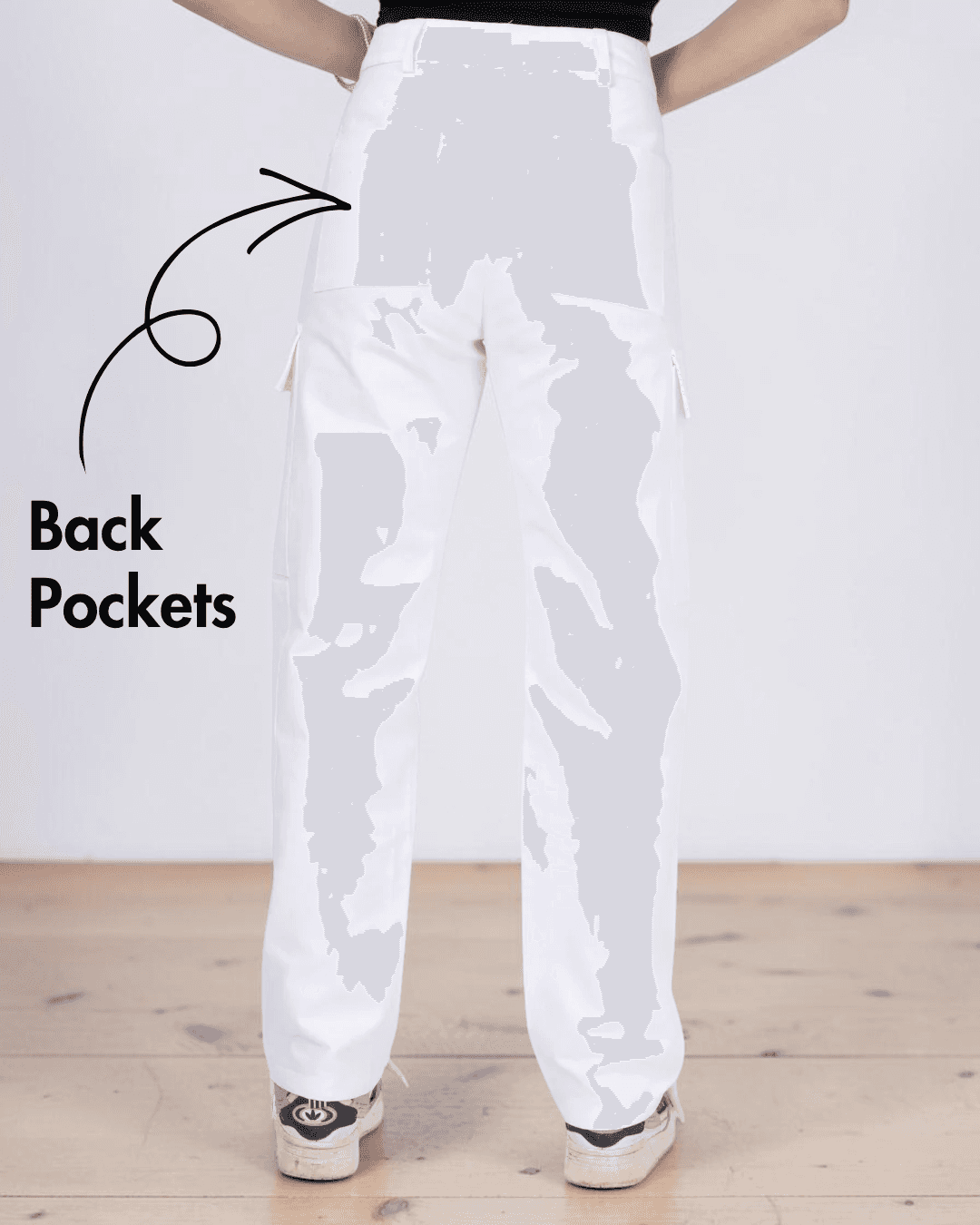 White cargo pants sewing pattern with back pockets and straight-leg cut