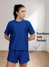 Close-up of blue raglan T-shirt with pattern details