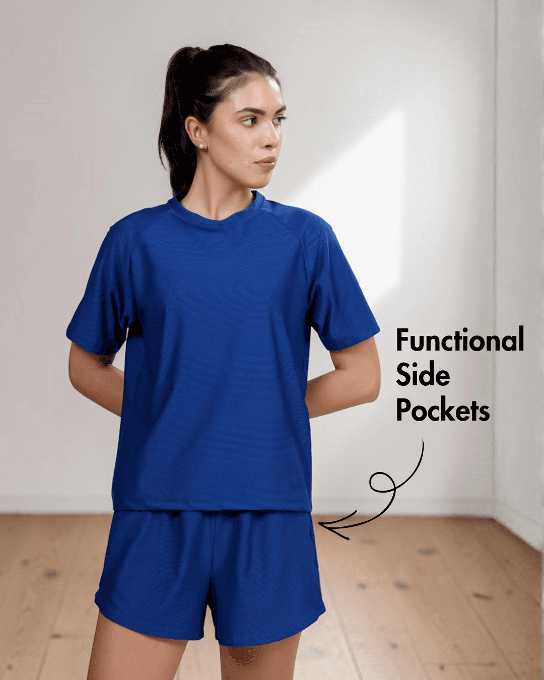 Close-up of blue raglan T-shirt with pattern details