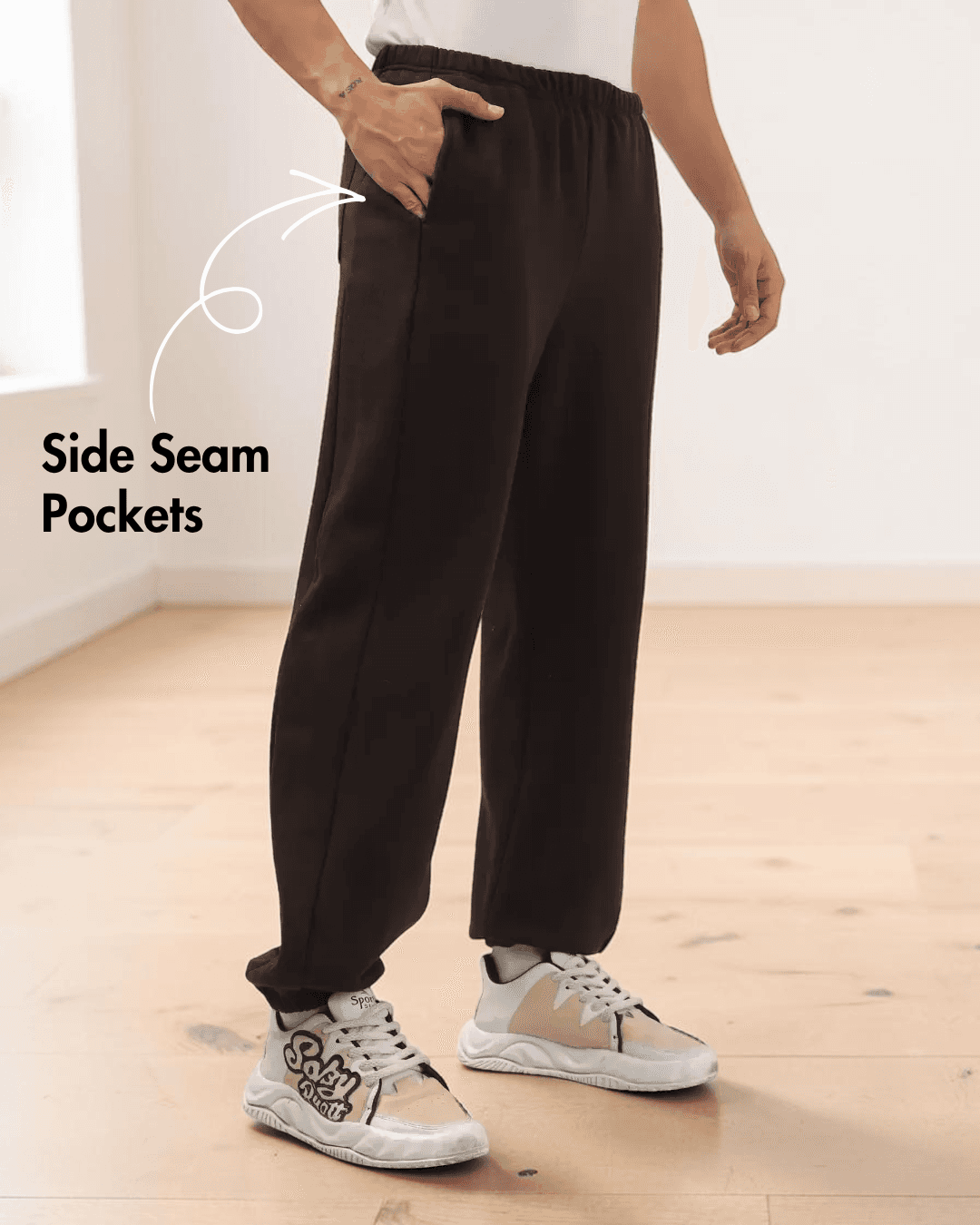Side view of men's joggers sewing pattern with patch pockets and relaxed straight-leg silhouette
