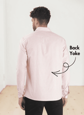 Back View of Men's pink striped dress shirt featuring adjustable buttoned cuffs and structured back yoke sewing pattern