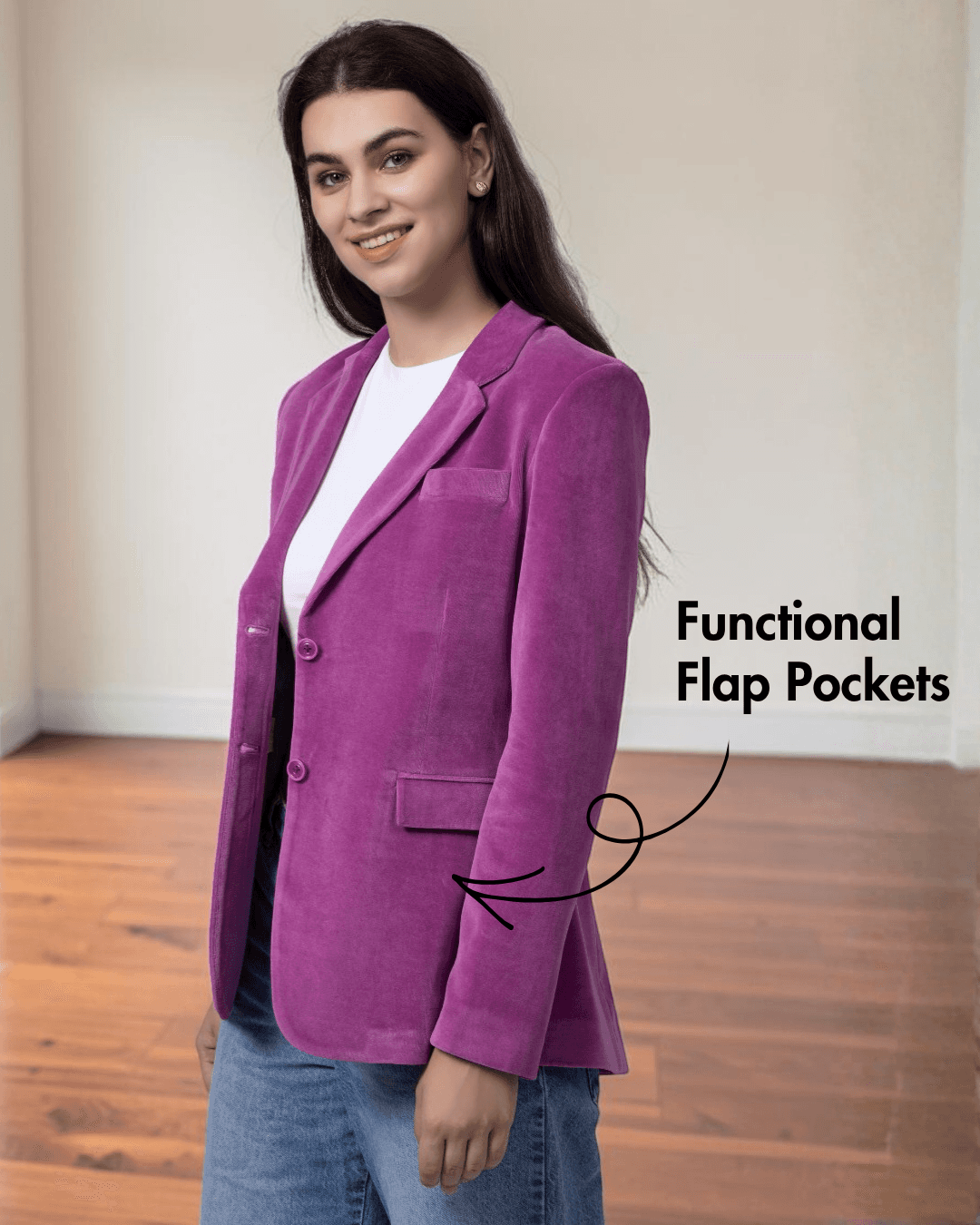 Close-up of women's pink blazer with single-breasted front and double welt pockets